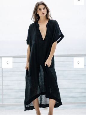 9seed,TUNISIA short sleeve caftan in lightweight gauze - black